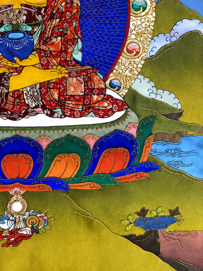 Lower right lotus, landscape, and offering details in a Shakyamuni thangka.