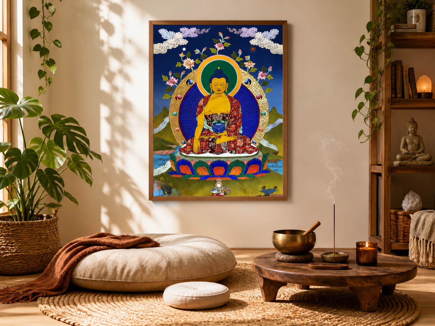 AURESTAR Shakyamuni thangka displayed in a warm meditation room.