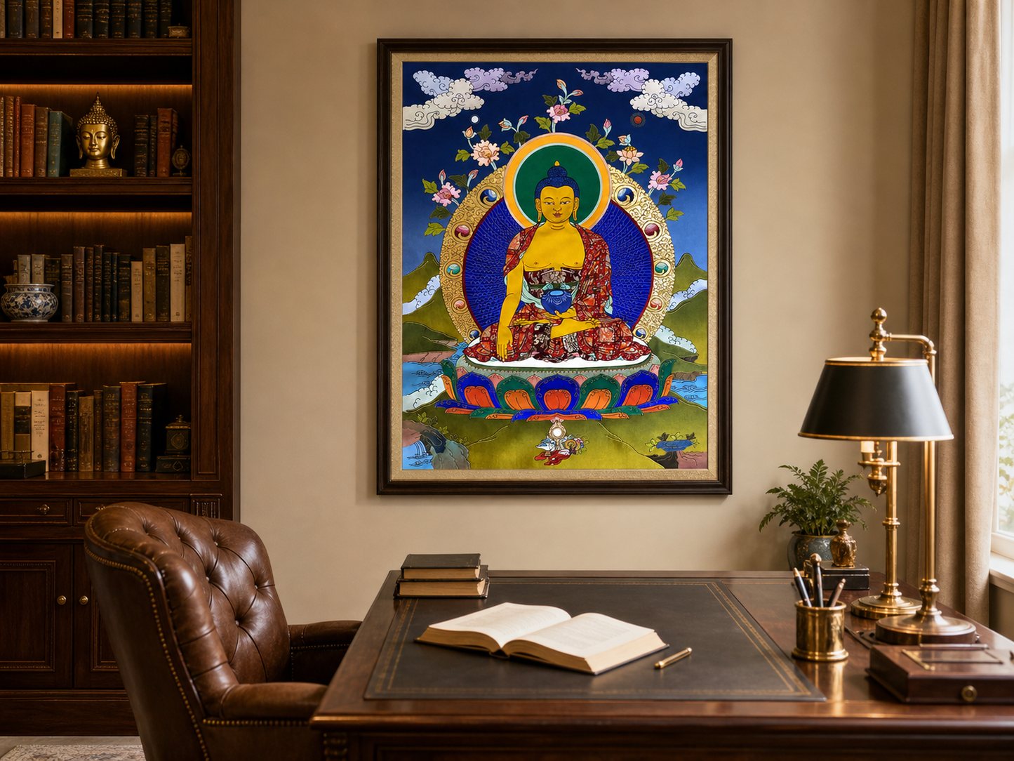 AURESTAR Shakyamuni thangka wall art displayed in a traditional study room.