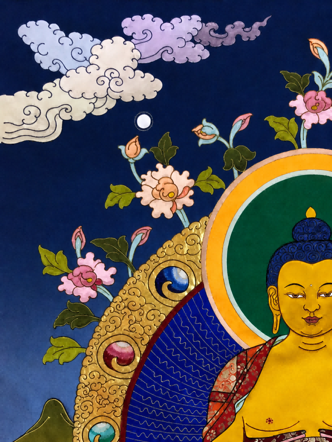 Upper left floral, cloud, and halo details in a Shakyamuni thangka.