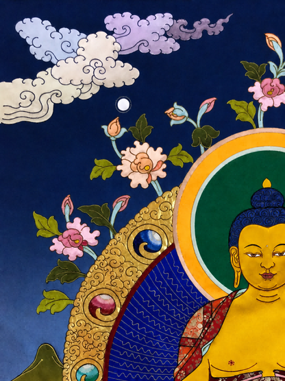 Upper left floral, cloud, and halo details in a Shakyamuni thangka.