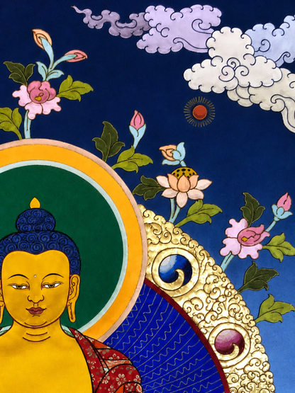 Upper right floral, cloud, and halo details in a Shakyamuni thangka.