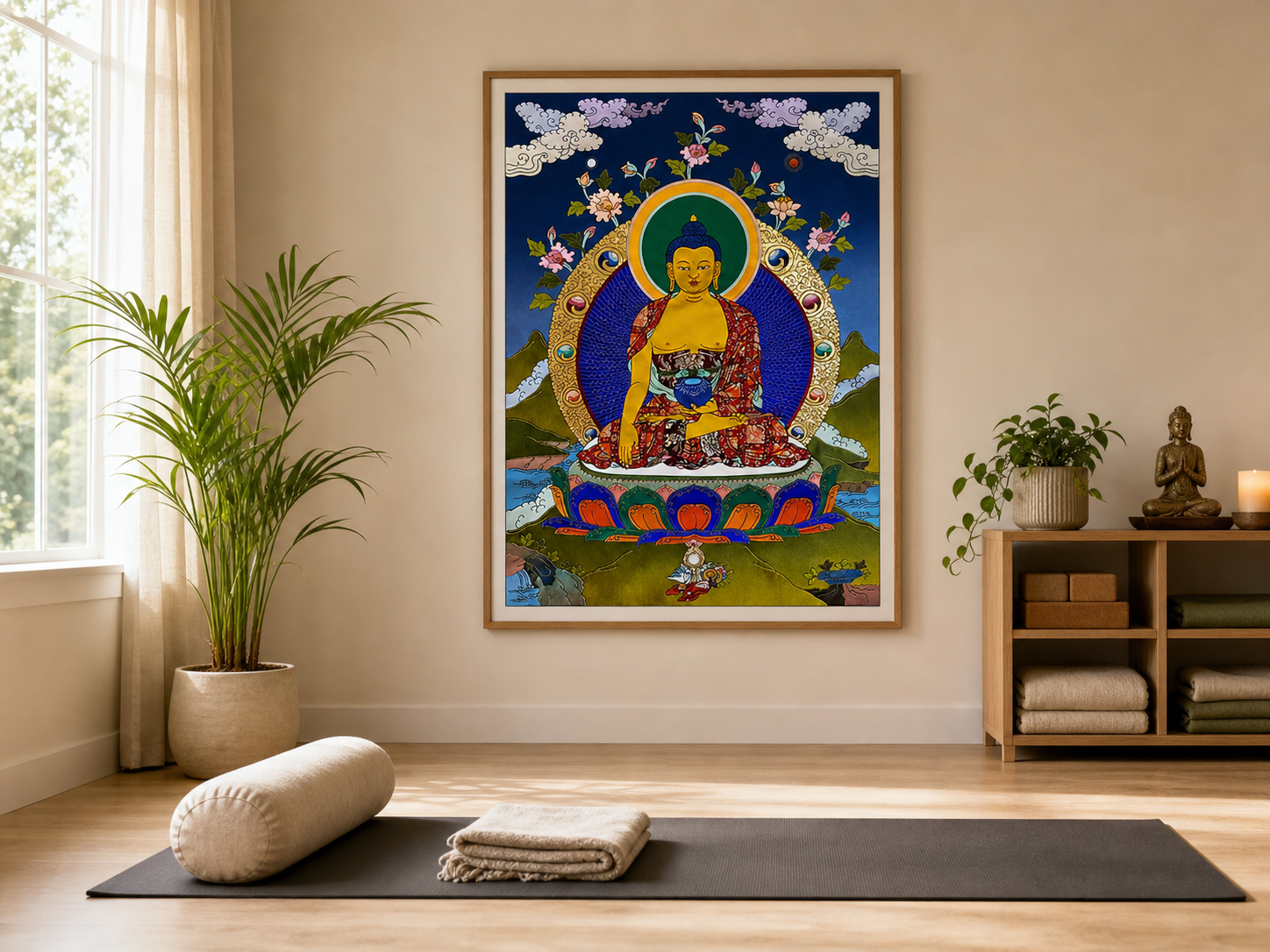 AURESTAR Shakyamuni thangka wall art displayed in a calm yoga room.