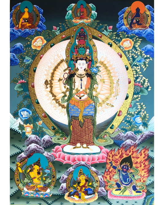 Full front view of a Thousand-Armed Avalokiteshvara thangka painting.