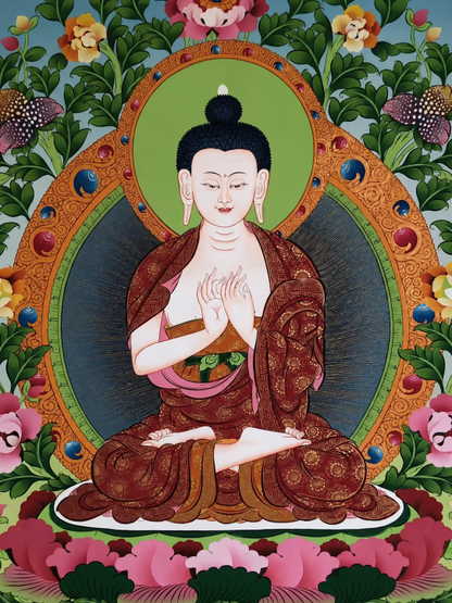 Close-up of the central Vairocana Buddha figure in an AURESTAR thangka.
