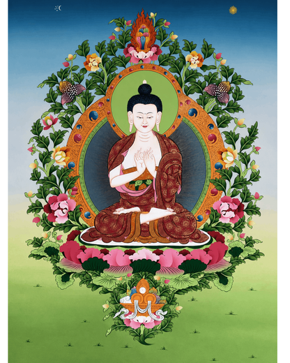 AURESTAR Vairocana Buddha thangka painting with colorful Tibetan Buddhist artwork.