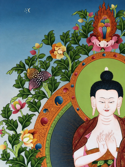 AURESTAR Vairocana thangka detail with flowers, clouds, and golden halo border.