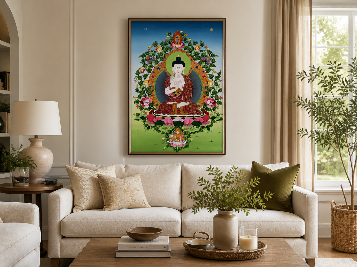 AURESTAR Vairocana thangka wall art displayed in a bright living room.