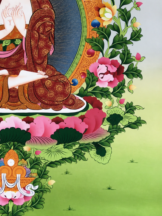 Lower lotus base and robe details in an AURESTAR thangka painting.
