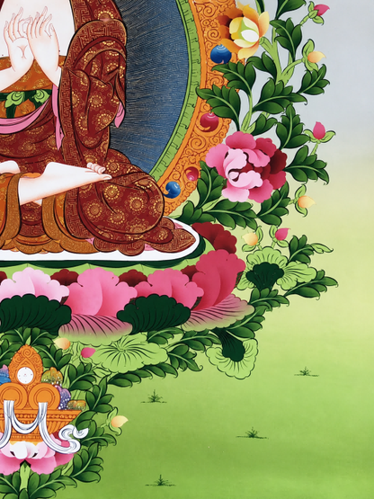 Lower lotus base and robe details in an AURESTAR thangka painting.