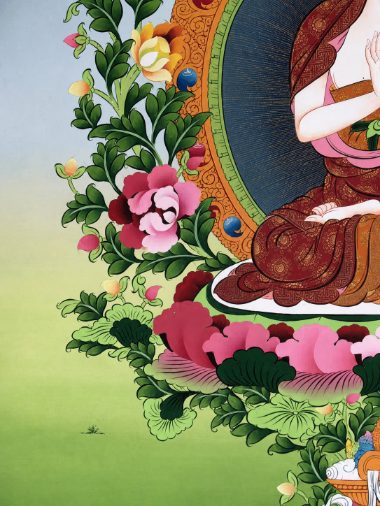 Lower lotus and floral details in an AURESTAR Vairocana thangka painting.