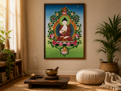AURESTAR Vairocana thangka displayed in a warm meditation room.