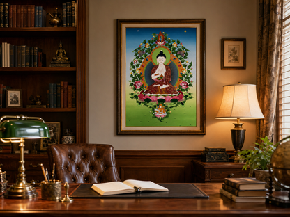 AURESTAR Vairocana thangka wall art displayed in a traditional study room.