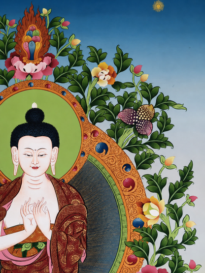 AURESTAR Vairocana thangka detail with floral branches and golden halo border.