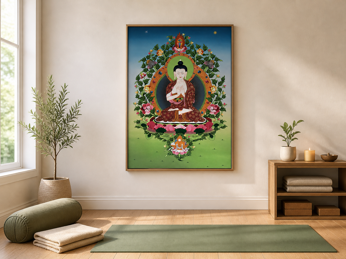 AURESTAR Vairocana thangka wall art displayed in a calm yoga room.