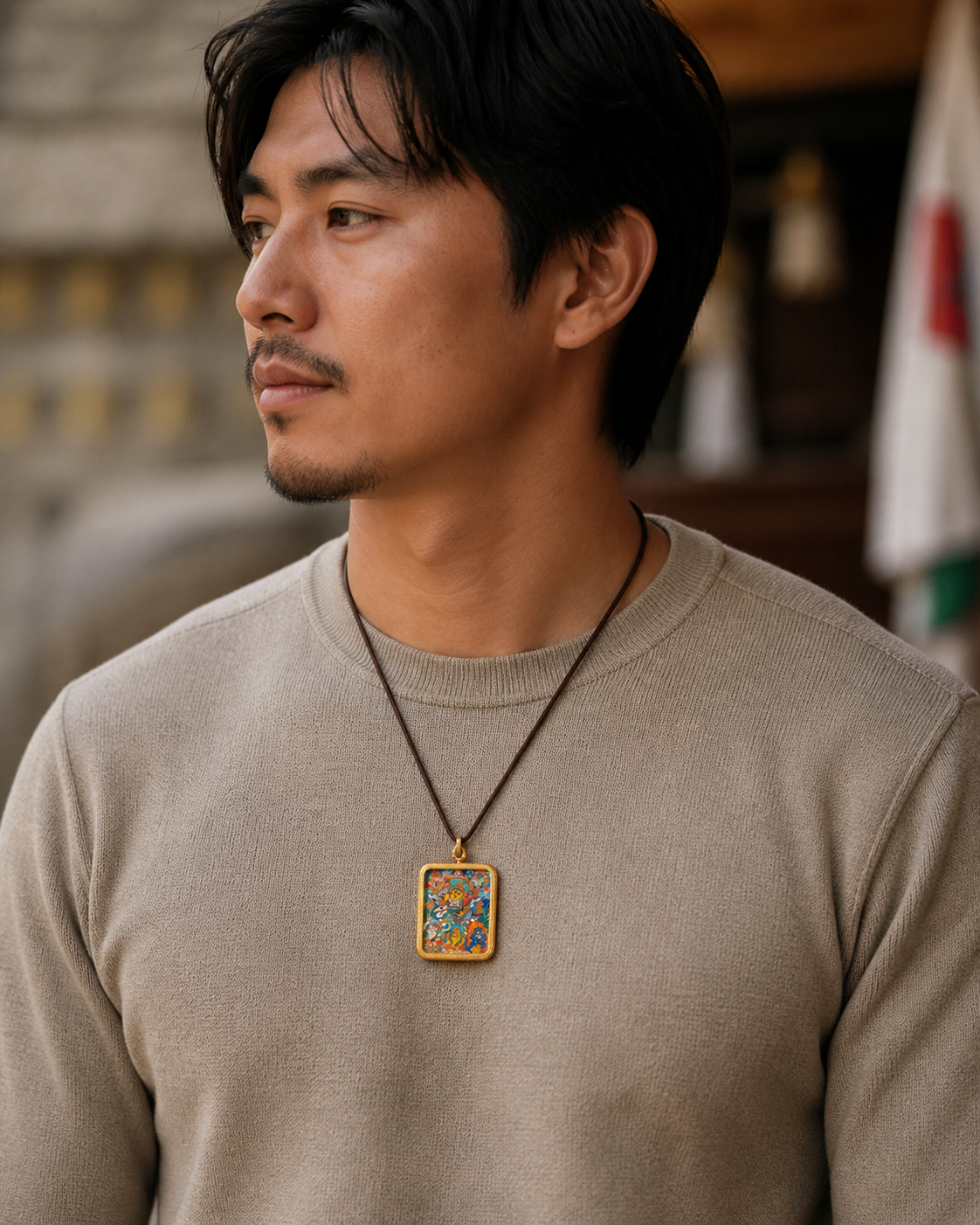 Man wearing an AURESTAR Buddhist thangka pendant with a beige shirt.