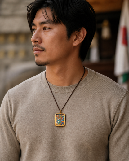 Man wearing an AURESTAR Buddhist thangka pendant with a beige shirt.