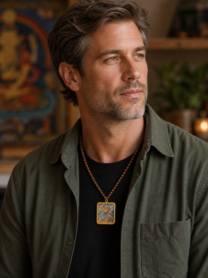 Man wearing an AURESTAR Vaishravana thangka pendant with a green shirt.