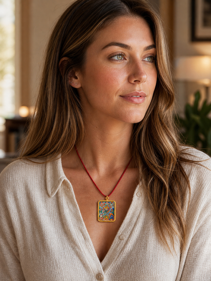 Woman wearing an AURESTAR Buddhist deity pendant in a casual setting.