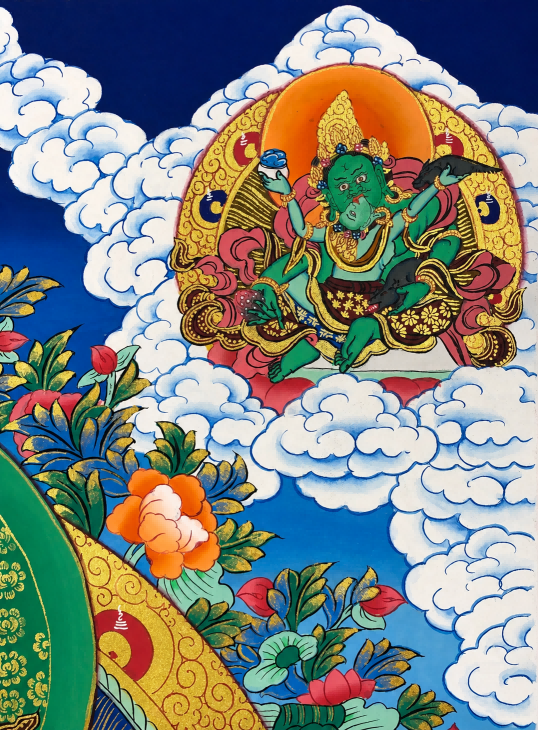 Green Buddhist deity detail in the AURESTAR Yellow Jambhala thangka.