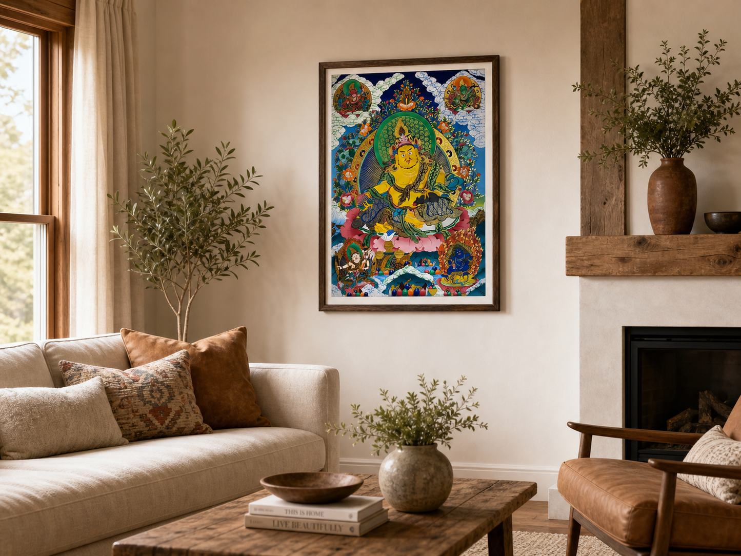 Yellow Jambhala thangka wall art displayed in a warm living room.