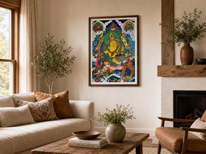 Yellow Jambhala thangka wall art displayed in a warm living room.