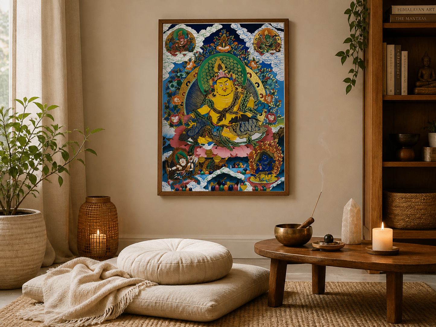 AURESTAR Yellow Jambhala thangka displayed in a quiet meditation corner.