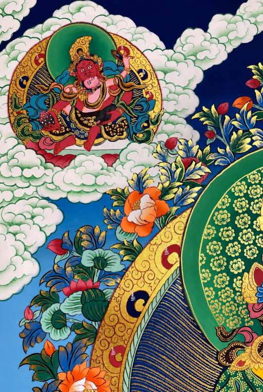 Red Buddhist deity detail with clouds in the Yellow Jambhala thangka.