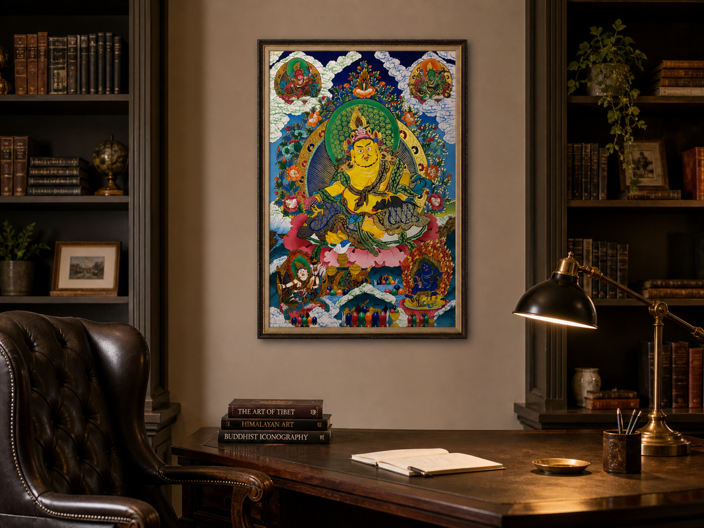 Yellow Jambhala thangka displayed in a dark home study setting.
