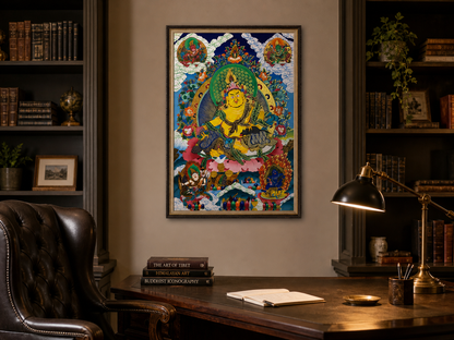 Yellow Jambhala thangka displayed in a dark home study setting.