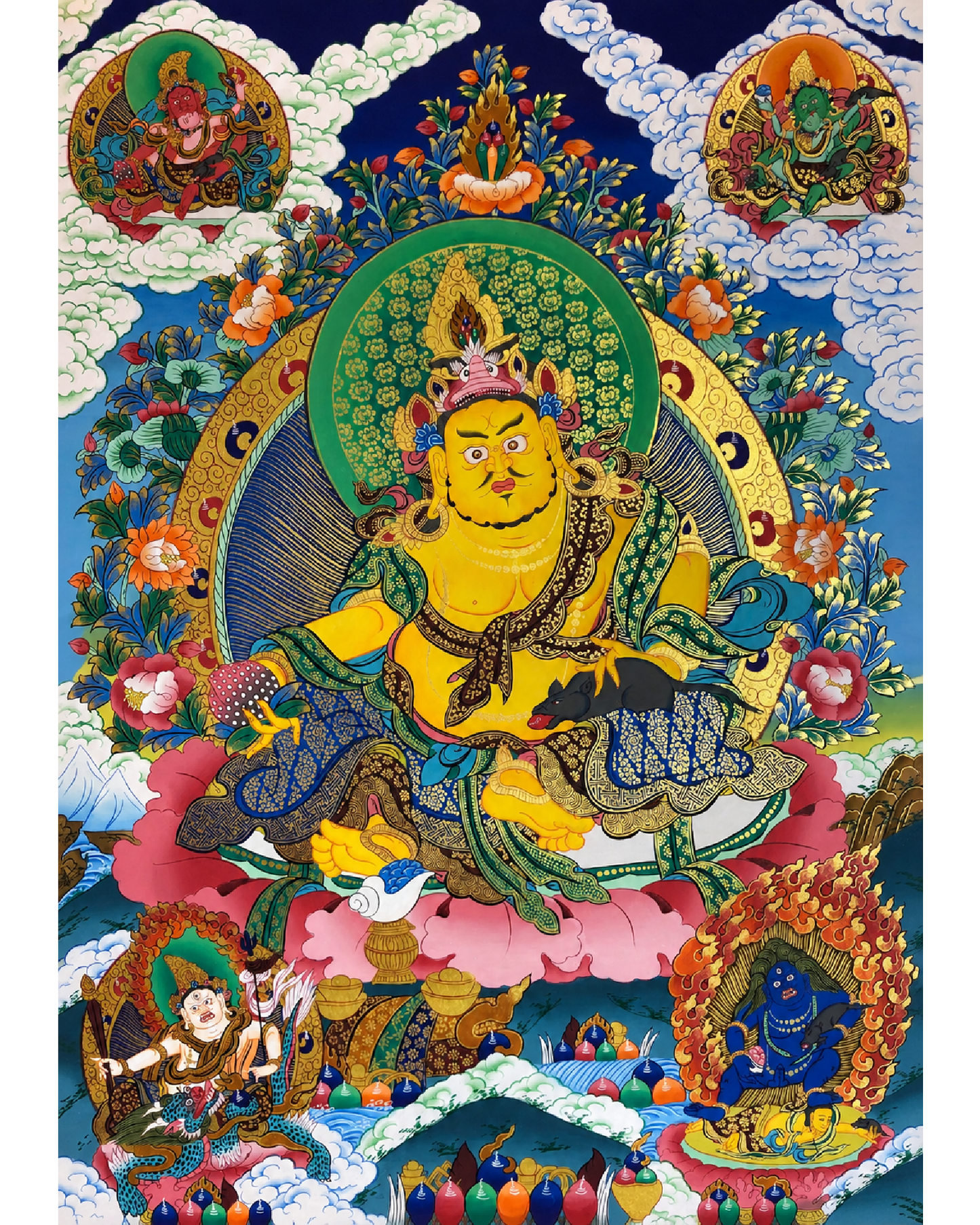 Full front view of a Yellow Jambhala Tibetan thangka painting.