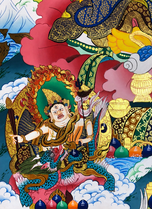 White Buddhist deity detail from the AURESTAR Yellow Jambhala thangka.