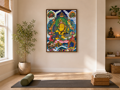 AURESTAR Yellow Jambhala thangka displayed in a calm yoga room.