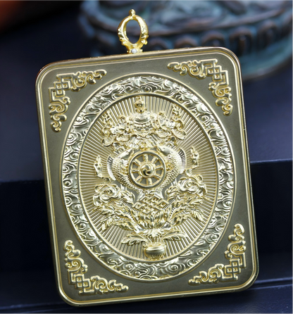Back view of the AURESTAR pendant with raised Buddhist motifs.