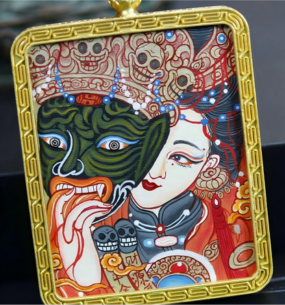 Close-up of an AURESTAR Zaki Lhamo pendant with a copper case.