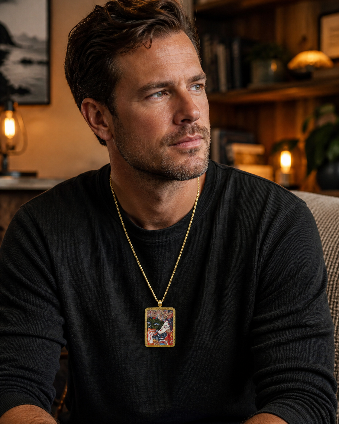Man wearing an AURESTAR Zaki Lhamo pendant with a black top.