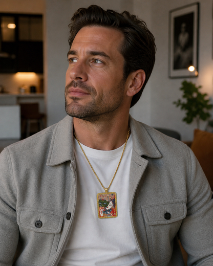 Man wearing an AURESTAR Zaki Lhamo pendant with a gray jacket.