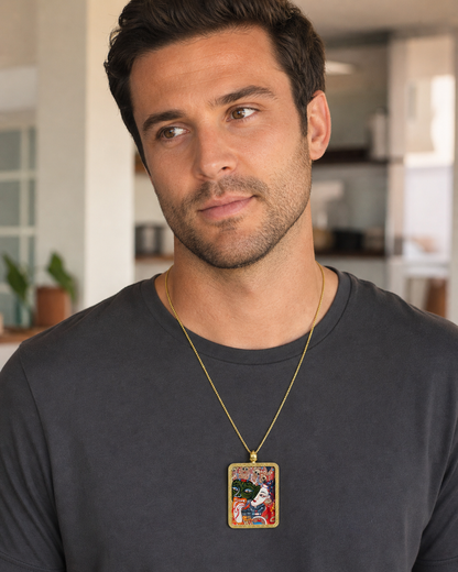 Man wearing an AURESTAR Zaki Lhamo thangka pendant with a gray shirt.