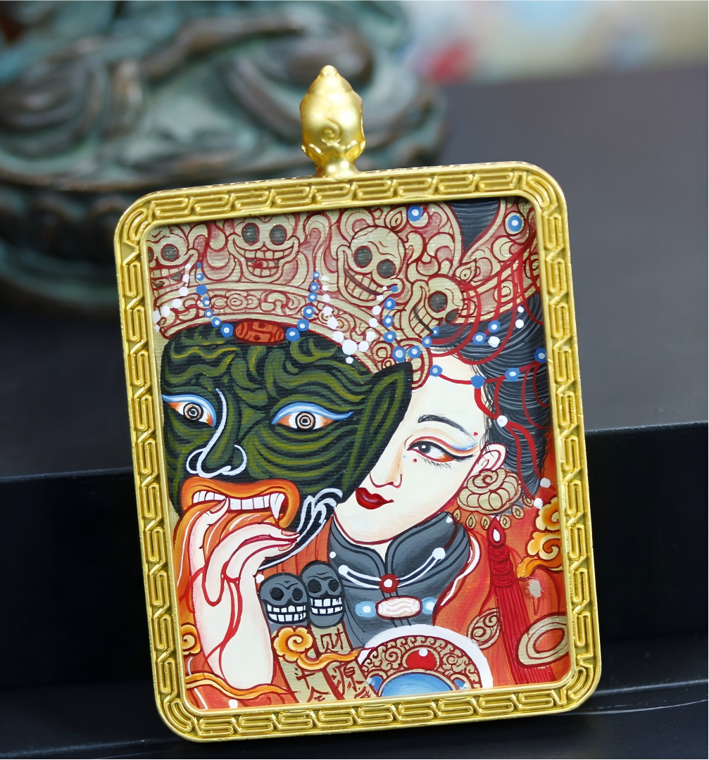 AURESTAR Zaki Lhamo thangka pendant with dual-face Buddhist artwork.